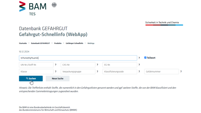 Screenshot von der Suchmaske der Gefahrgut-Schnellinfo Kachel Vorschau