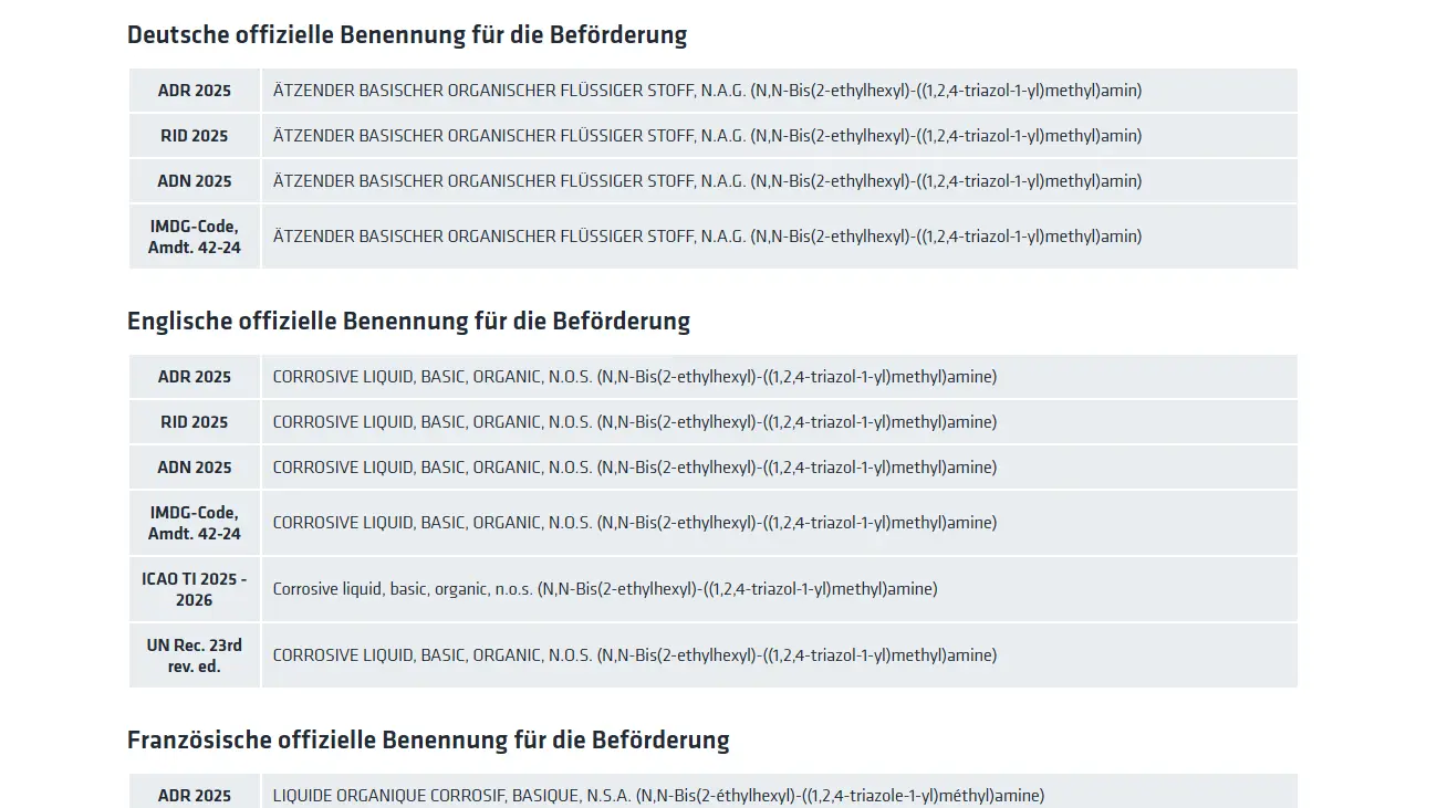 Screenshot von der Gefahrgut-Schnellinfo Namen