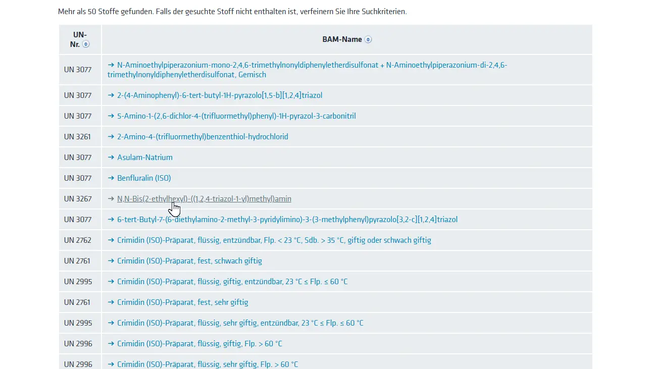 Screenshot von der Gefahrgut-Schnellinfo Ergebnisliste