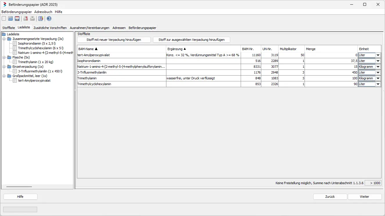 Screenshot from the Contentlist of the integrated Transport Documents Module of the Dangerouus Goods Database