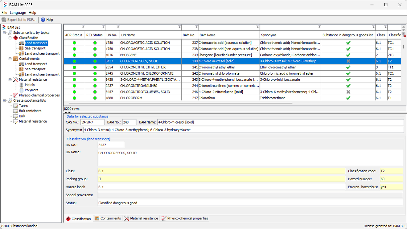 Screenshot of the substance enquiry in the BAM List Tile preview