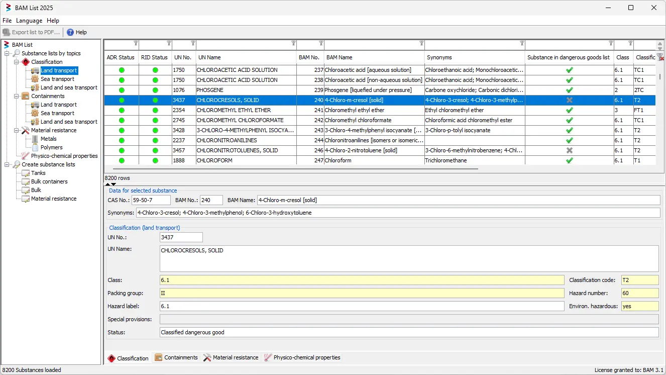Screenshot of the substance enquiry in the BAM List