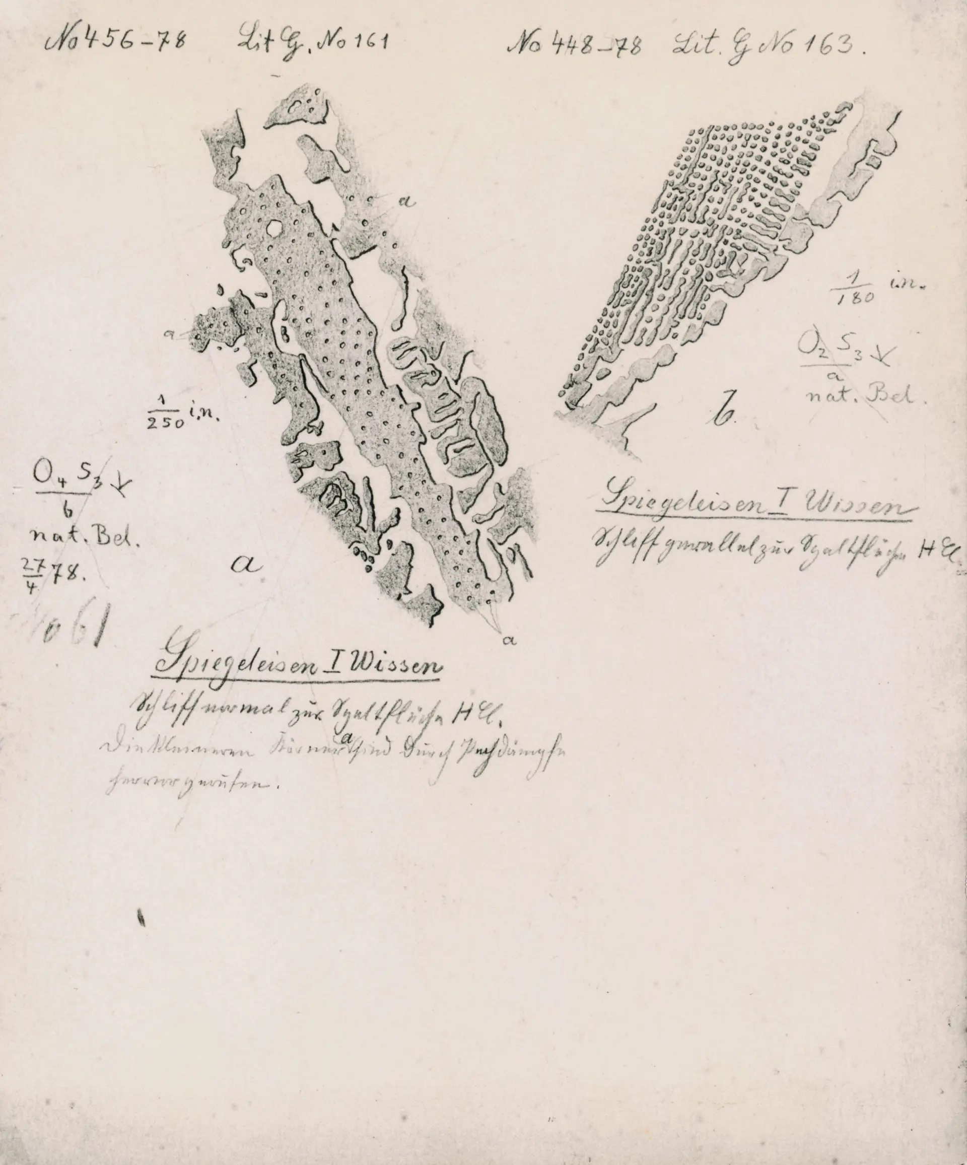 Drawing by Adolf Martens (1850-1914) from 1878: surface of so-called spiegeleisen, an iron-based material with high manganese content, etched with hydrochloric acid, polished section normal and parallel to the cleavage plane