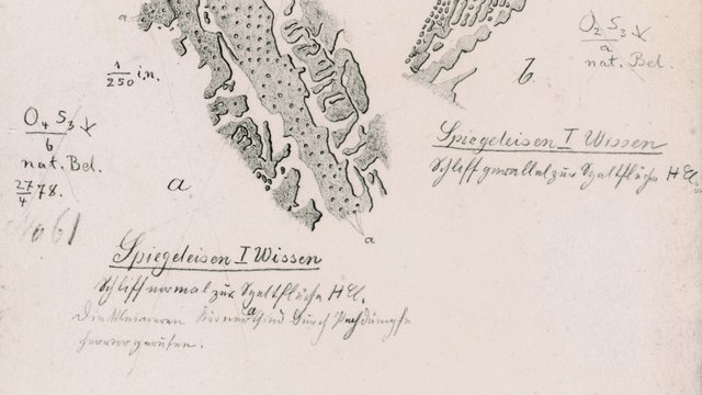 Zeichnung von Adolf Martens (1850-1914) aus dem Jahr 1878: Oberfl&auml;che von Spiegeleisen, ge&auml;tzt mit Salzs&auml;ure, Schliff normal und parallel zur Spaltfl&auml;che Kachel Vorschau