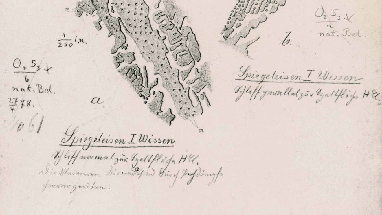 Drawing by Adolf Martens (1850-1914) from 1878: surface of so-called spiegeleisen, an iron-based material with high manganese content, etched with hydrochloric acid, polished section normal and parallel to the cleavage plane Tile preview