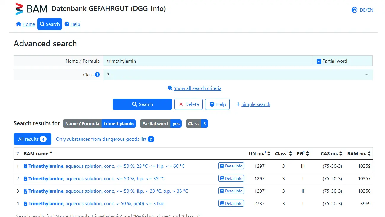 Screenshot of Advanced search with search results in DGG-Info