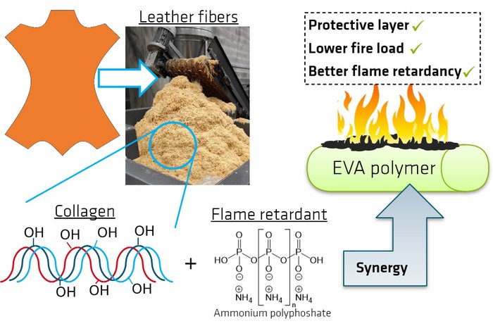 Illustration: Proteins like collagen found in leather waste are synergists for conventional flame retardants in polymers 
