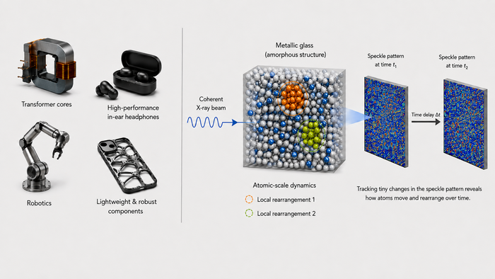 Examples for fields of application of metallic glasses and an abstract visualization of x-ray photon correlation spectroscopy.