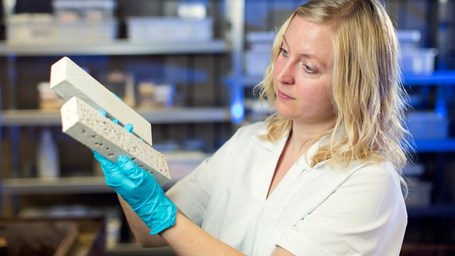 Eine Probe vor und nach dem Test an Termiten. Eine Probe aus Leichtbeton ist stark zerfressen. Kachel Vorschau