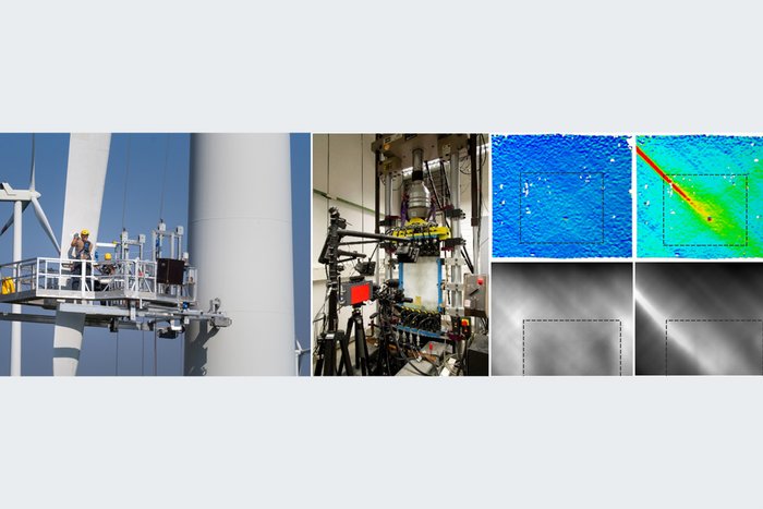 Paper of the month 03/2023: TF Energy The photo on the left shows a repair to the rotor blade of a wind turbine, the graphics on the right show thermograms of the repair site.