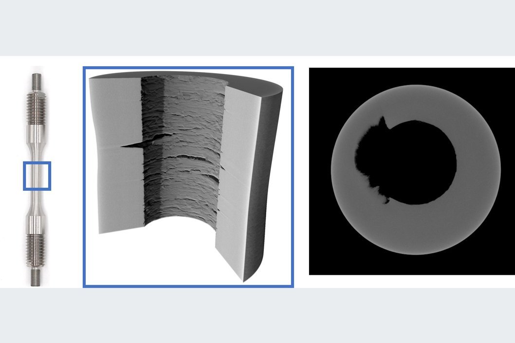 Hollow specimen (left) and &micro;CT-image of cracks in a hollow specimen tested in hydrogen atmosphere
