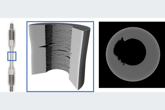 Paper of the month 03/2024: TF Energie Hollow specimen (left) and µCT-image of cracks in a hollow specimen tested in hydrogen atmosphere