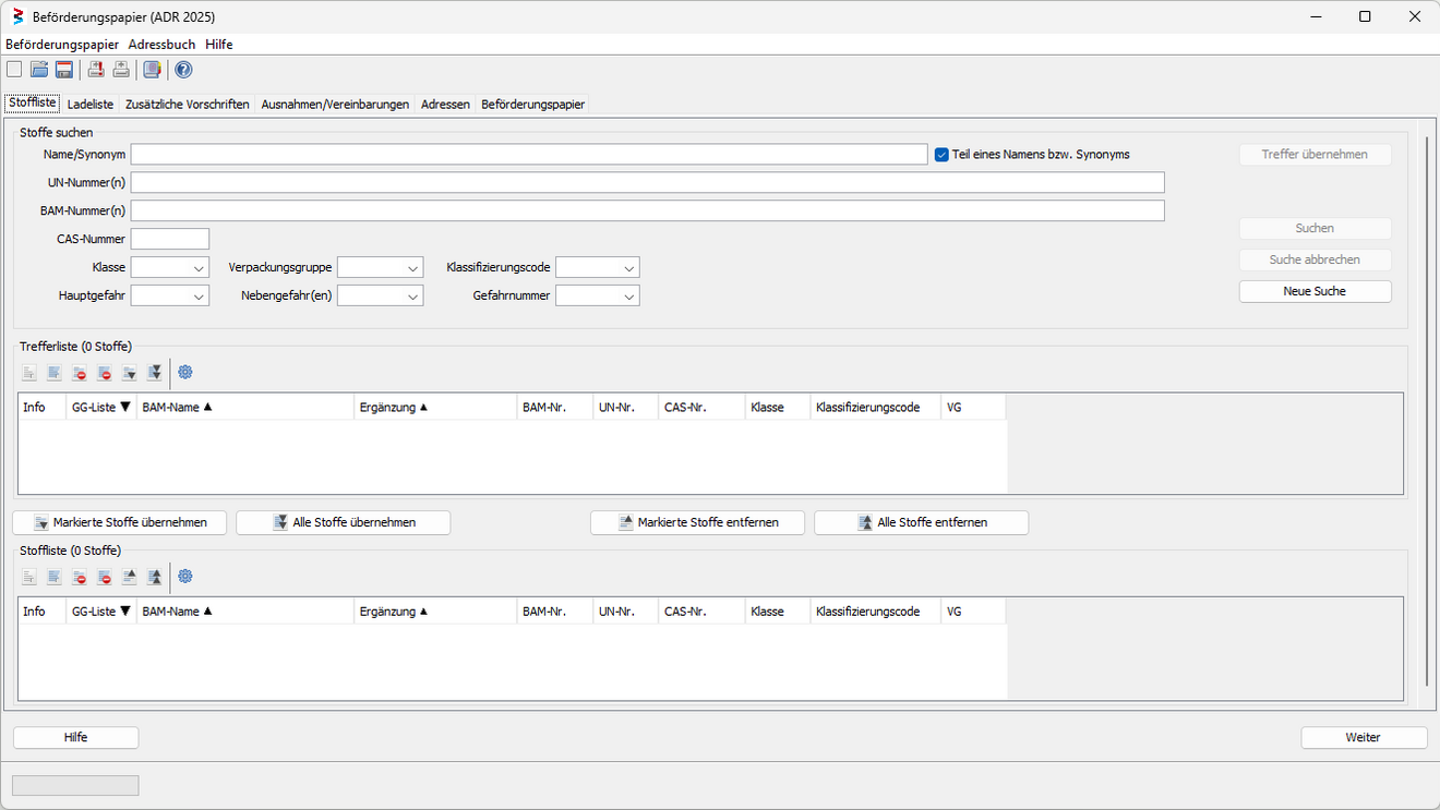 Screenshot from the Search form of the in the Dangerous Goods Database integrated Transport Documents Modul Tile preview
