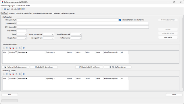 Screenshot der Suchmaske des in der Datenbank Gefahrgut integriertem Modul f&uuml;r Bef&ouml;rderungspapiere Kachel Vorschau
