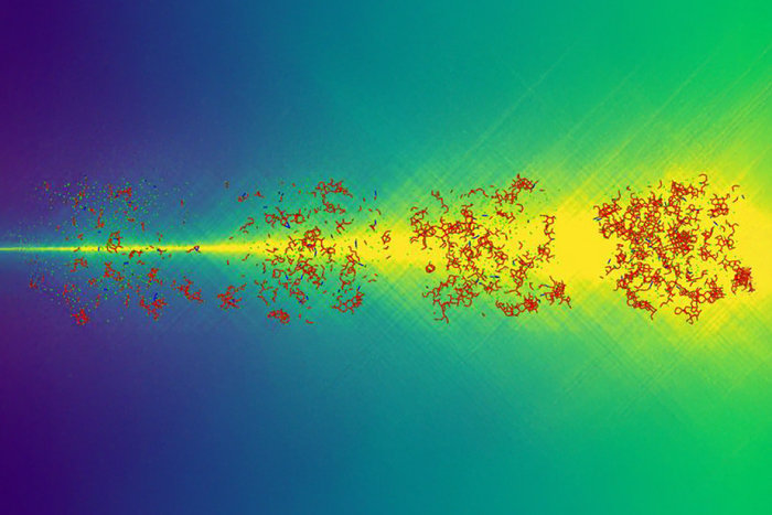Die Computersimulation zeigt Atomcluster eines metallischen Glases im Zeitverlauf, die Dichte und Ordnung nimmt kontinuierlich zu. 