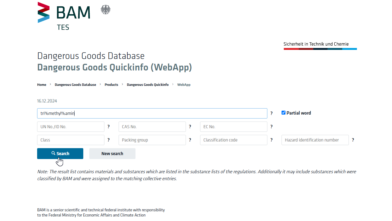 Sreenshot from the search mask of Dangerous Goods Quickinfo Tile preview