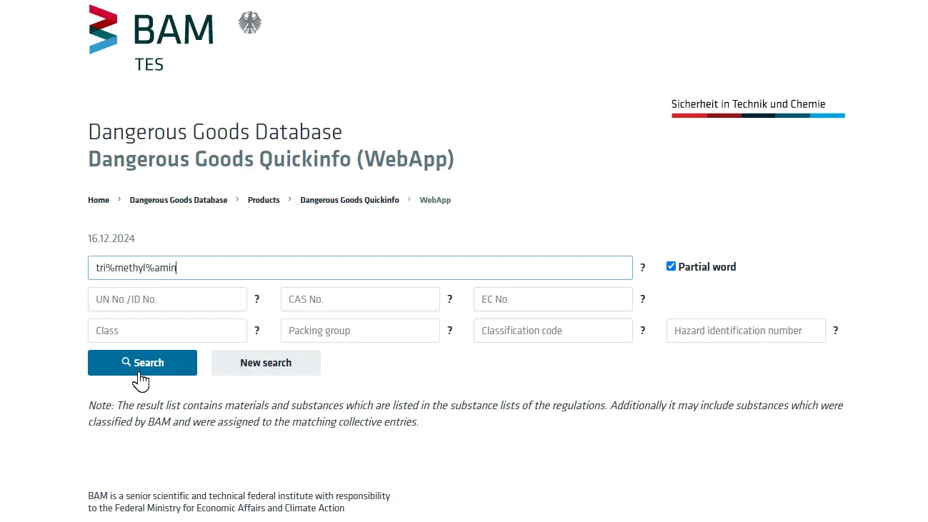 Sreenshot from the search mask of Dangerous Goods Quickinfo