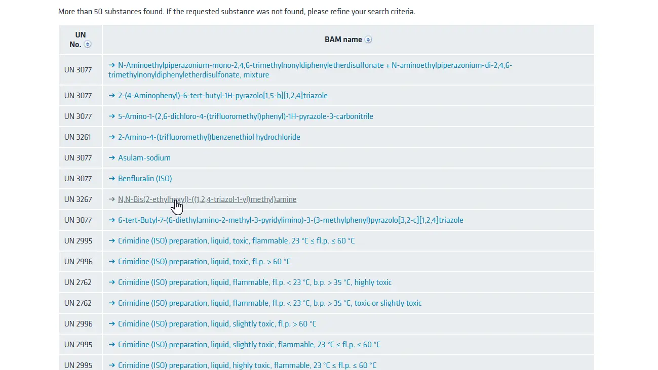 Sreenshot from the result list of Dangerous Goods Quickinfo