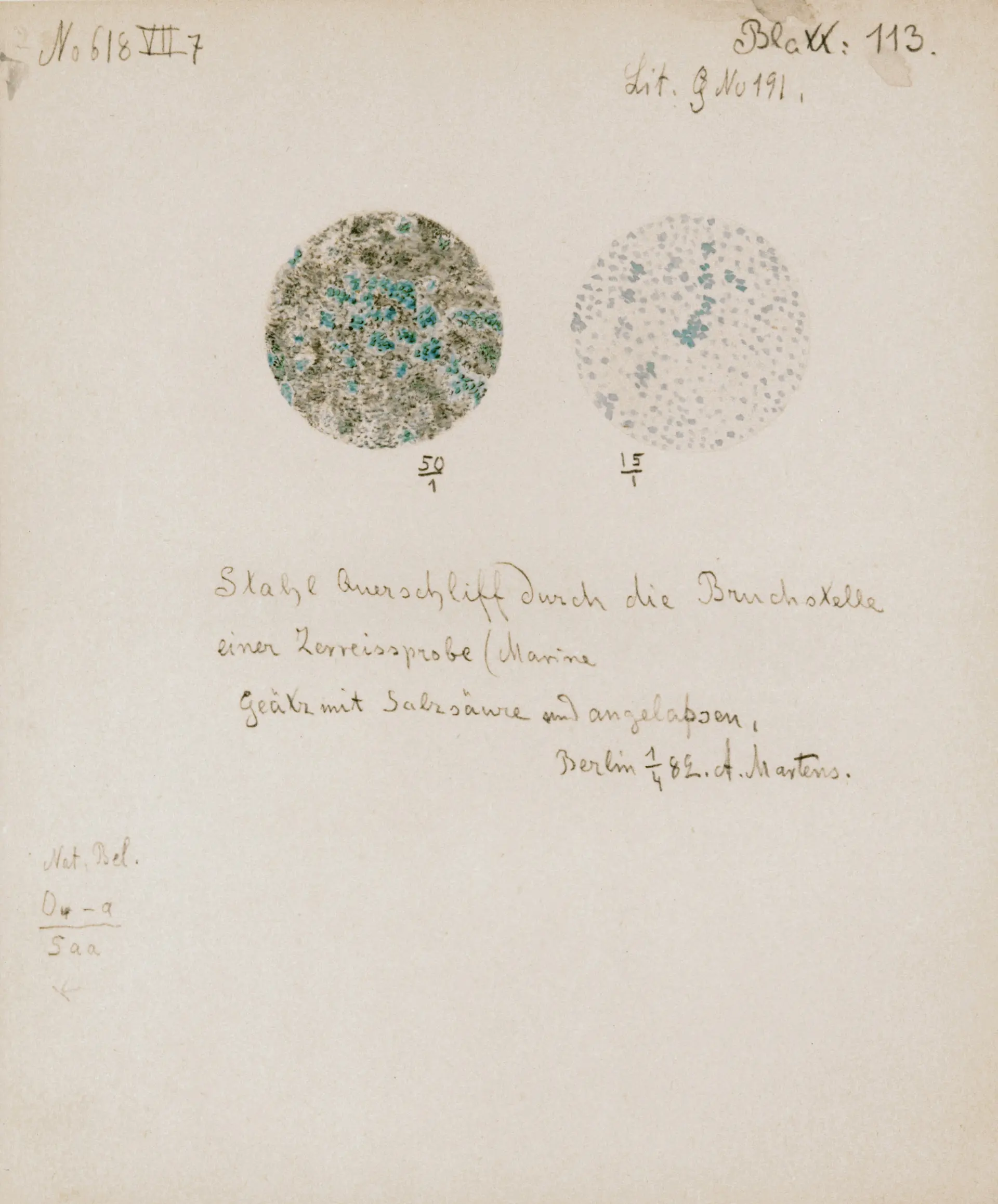 Drawing by Adolf Martens (1850-1914) from 1882: surface of steel, polished cross-section through the breaking point of a tensile specimen, etched with hydrochloric acid and tempered