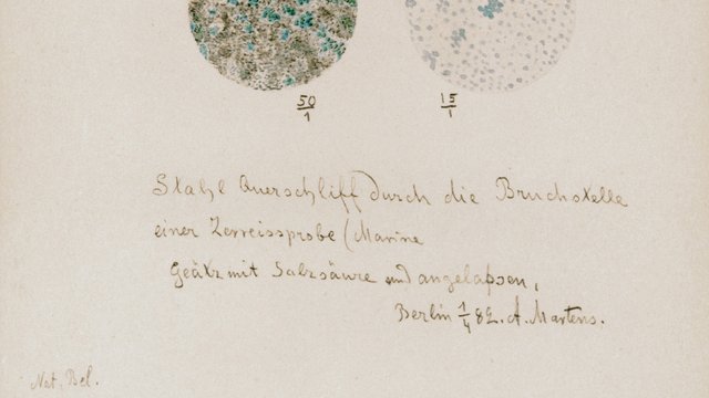 Zeichnung von Adolf Martens (1850-1914) aus dem Jahr 1882: Oberfl&auml;che von Stahl, Querschliff durch die Bruchstelle einer Zerrei&szlig;probe, ge&auml;tzt mit Salzs&auml;ure und angelassen Kachel Vorschau