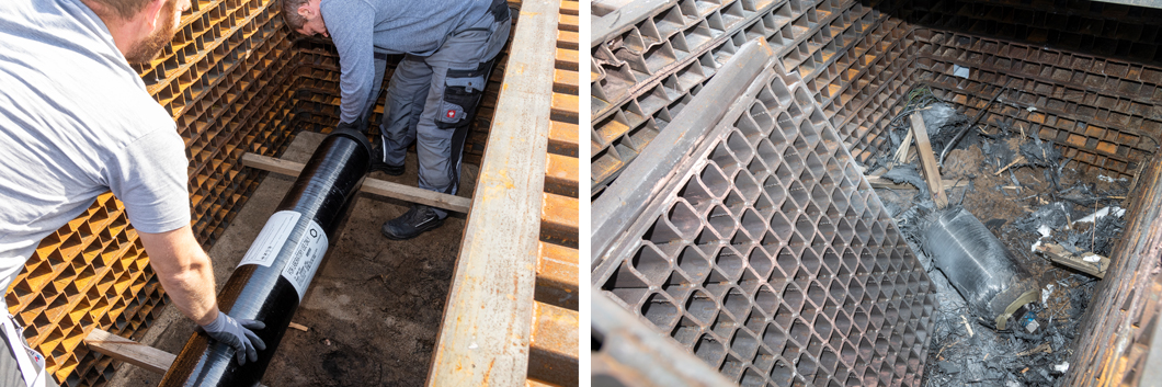 A two-part image. Left: Two men are working on a steel container inside a cubicle. Right: The container lies broken inside the cubicle.